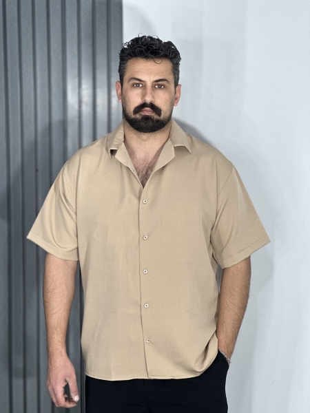 پیراهن پارچه مازراتی( دبل) مردانه باکسی کرمی