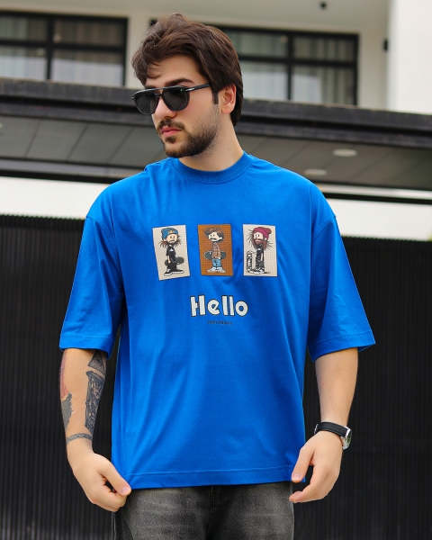 تیشرت آستین کوتاه HELLO آبی کاربنی