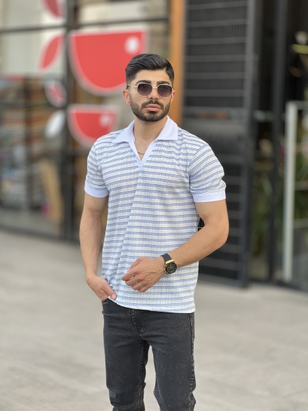 تیشرت اولدمانی یقه دار آبی