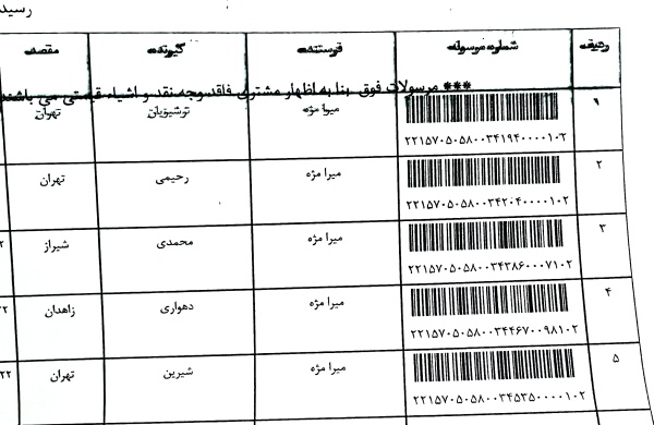رسید مرسولات پستی ارسال شده