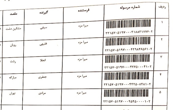رسید مرسولات پستی ارسال شده