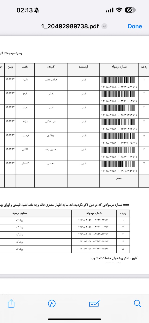 رسید مرسولات پستی ارسال شده