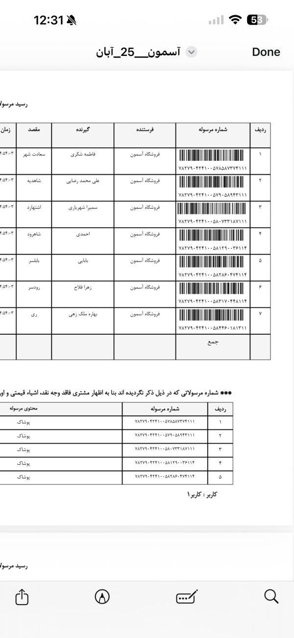 رسید مرسولات پستی ارسال شده