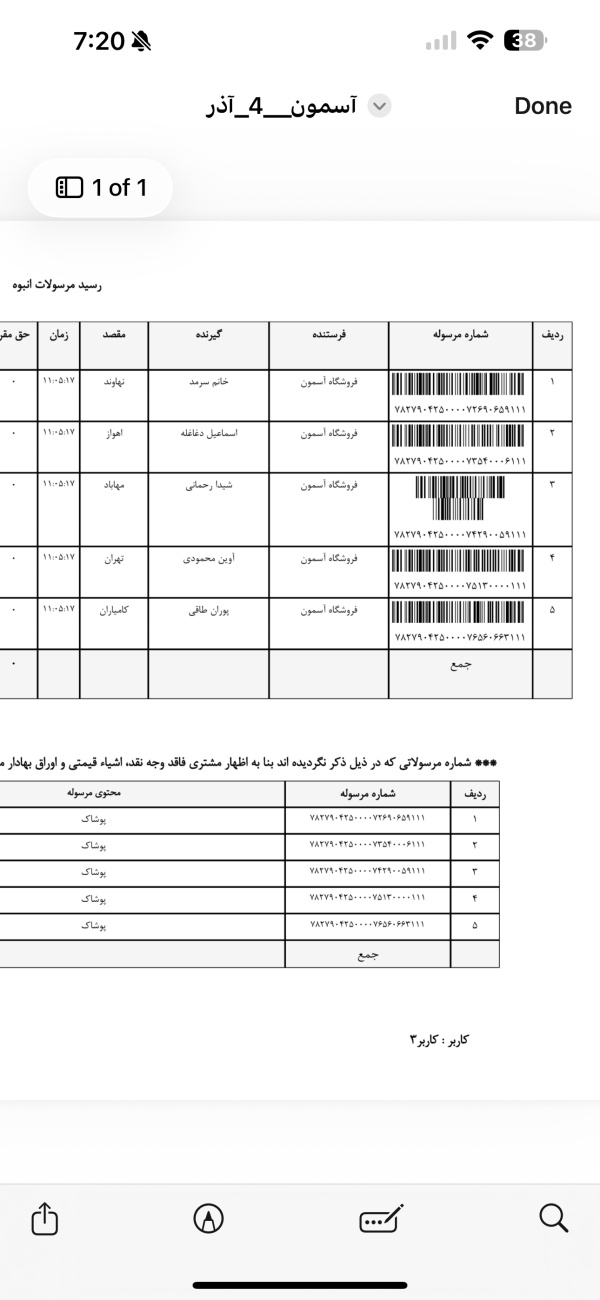رسید مرسولات پستی ارسال شده