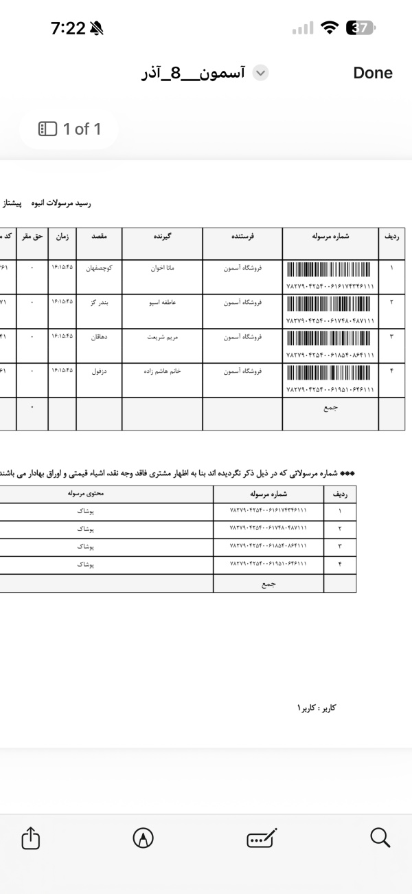 رسید مرسولات پستی ارسال شده